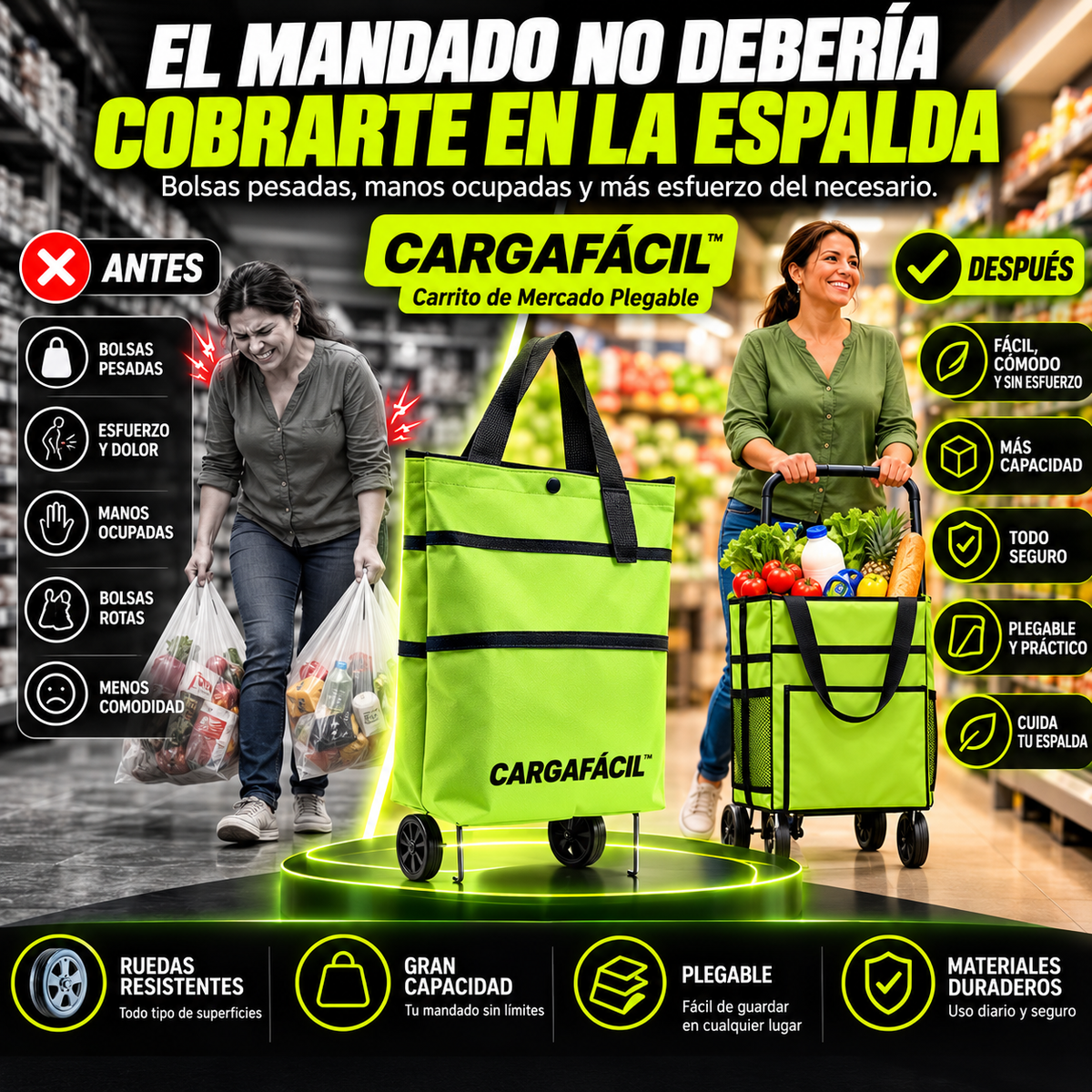 CARGAFÁCIL™ | Carrito de Mercado Plegable NOVEN