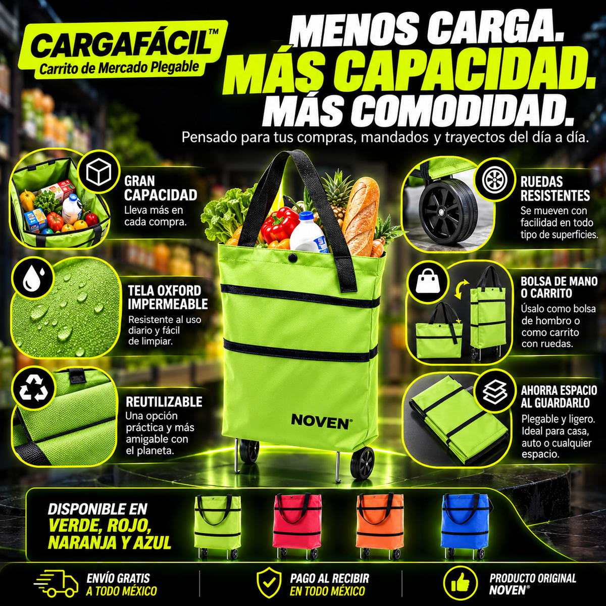 CARGAFÁCIL™ | Carrito de Mercado Plegable NOVEN