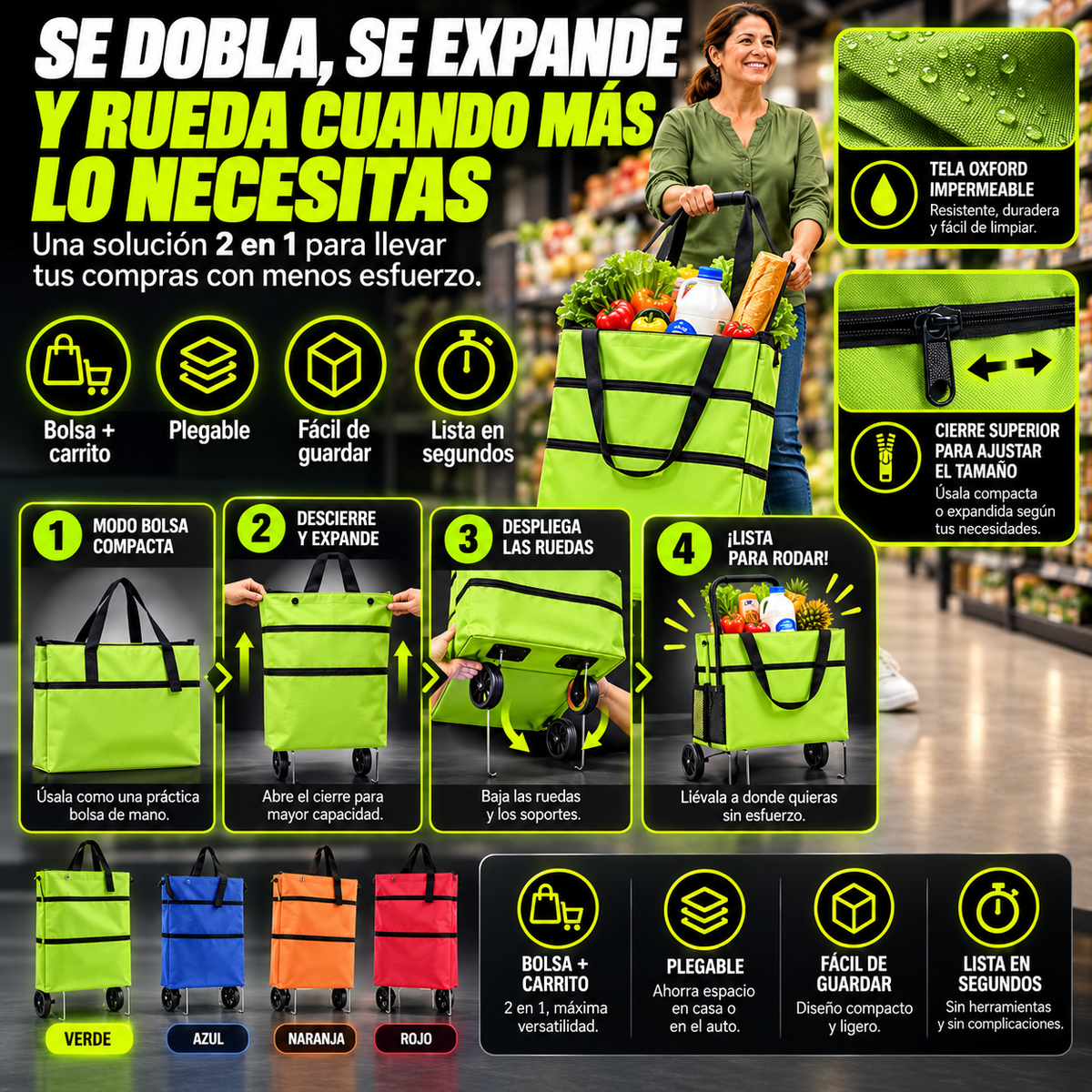 CARGAFÁCIL™ | Carrito de Mercado Plegable NOVEN